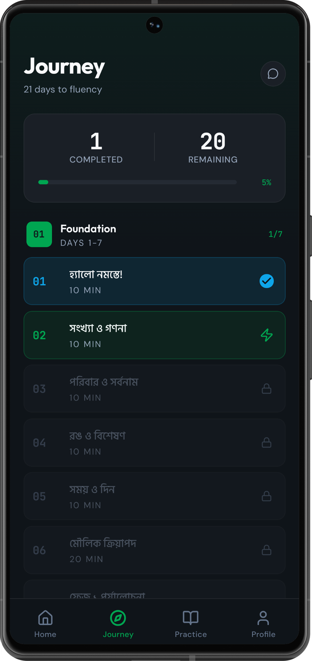 21-day learning journey showing three phases